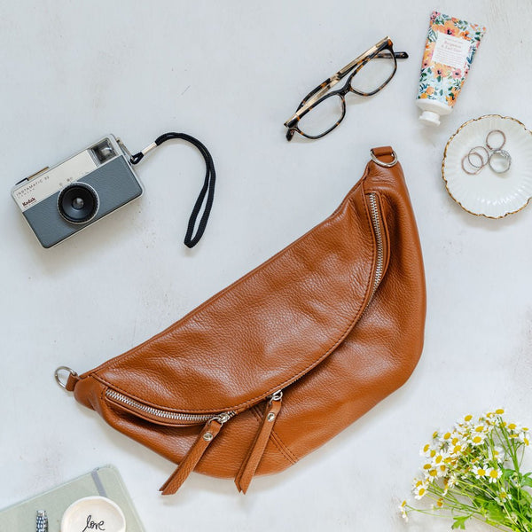 Tan Large Leather Waist Bag with silver hardware - photographed by AnySomething Photography