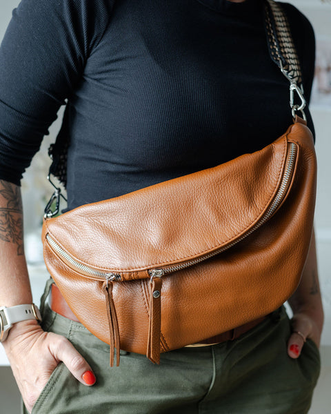 Tan Large Leather Waist Bag with silver hardware and Taupe Dots strap - worn and photographed by AnySomething Photography