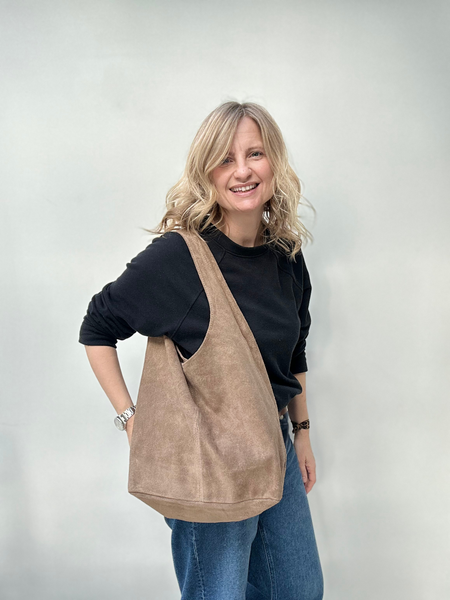 Taupe Suede Slouchy Tote carried by Cathy