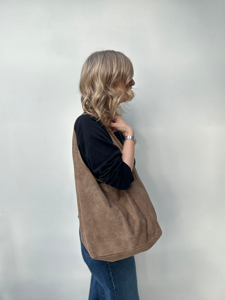 Taupe Suede Slouchy Tote carried by Cathy