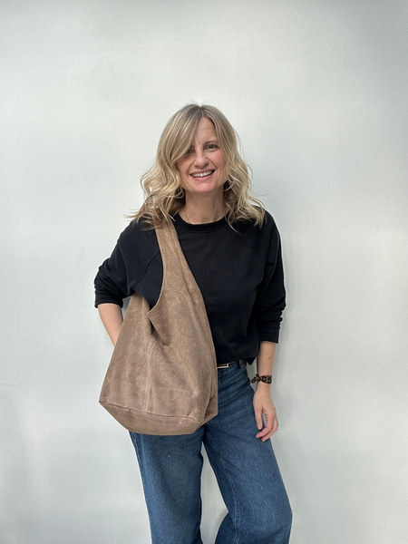 Taupe Suede Slouchy Tote carried by Cathy