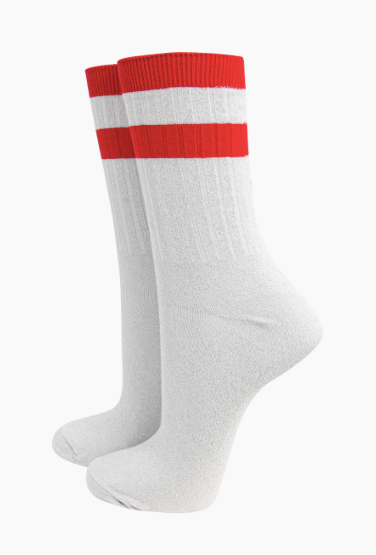 Women's Glitter Socks - White/Red, Striped Cuff Sock Talk
