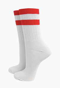 Women's Glitter Socks - White/Red, Striped Cuff Sock Talk
