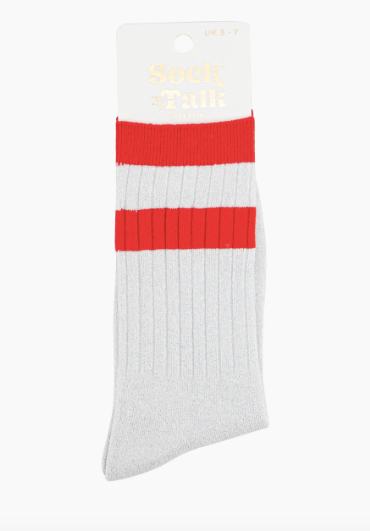 Women's Glitter Socks - White/Red, Striped Cuff Sock Talk
