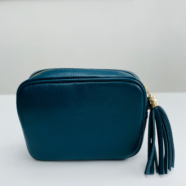 Teal Leather Tassel Cross Body Bag