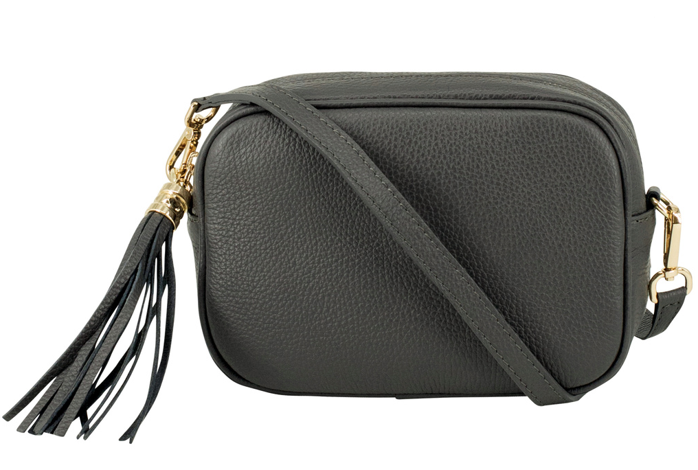 Dark Grey Leather Tassel Cross Body Bag